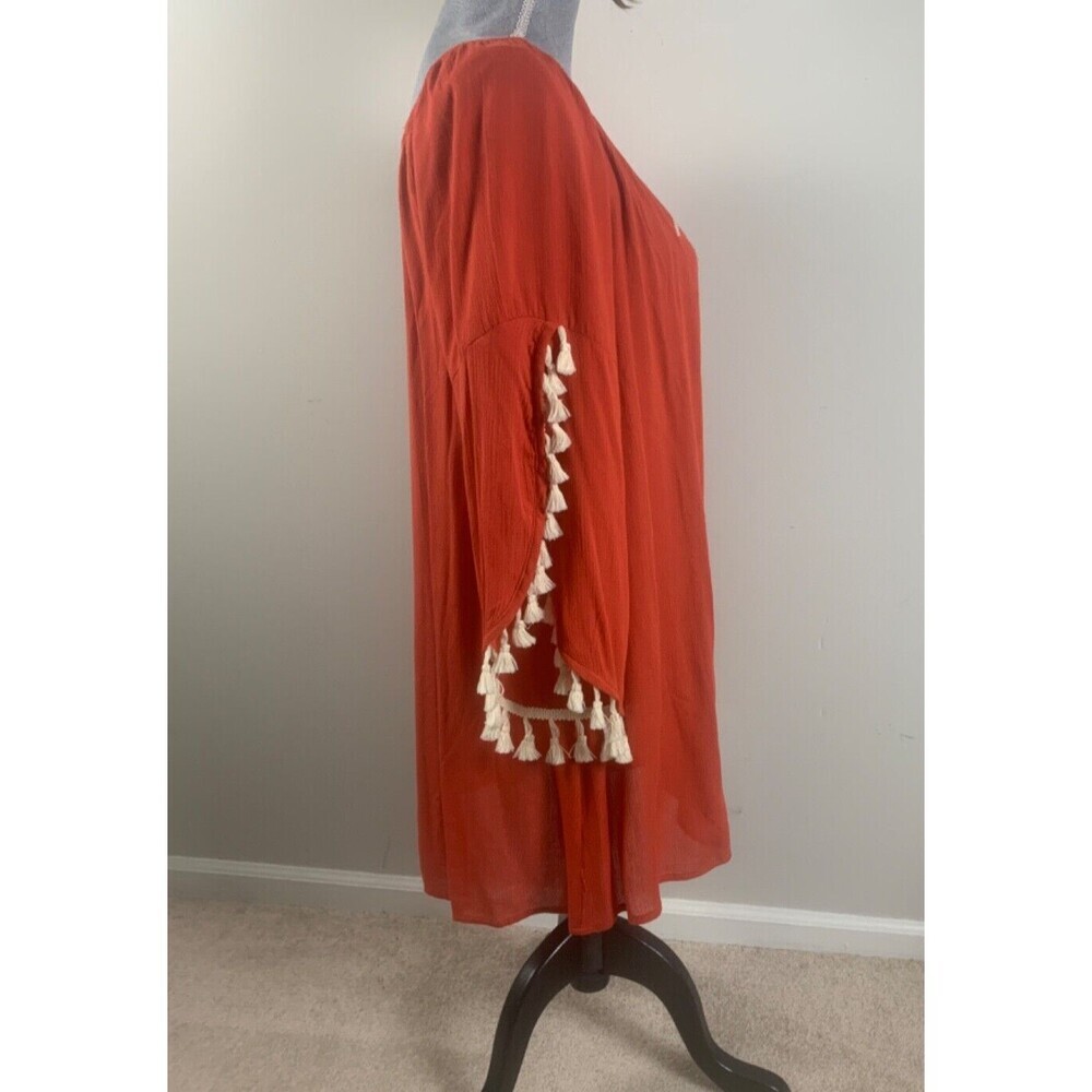 Kori Beach Tunic Boho Tribal Cover-up 3/4 Tassel Sleeve Mini Dress Red Small - Picture 5 of 8